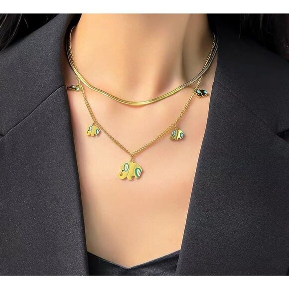 Jewelry - Color Drawing 5 Elephants Charm 2-Layer Choker Necklaces